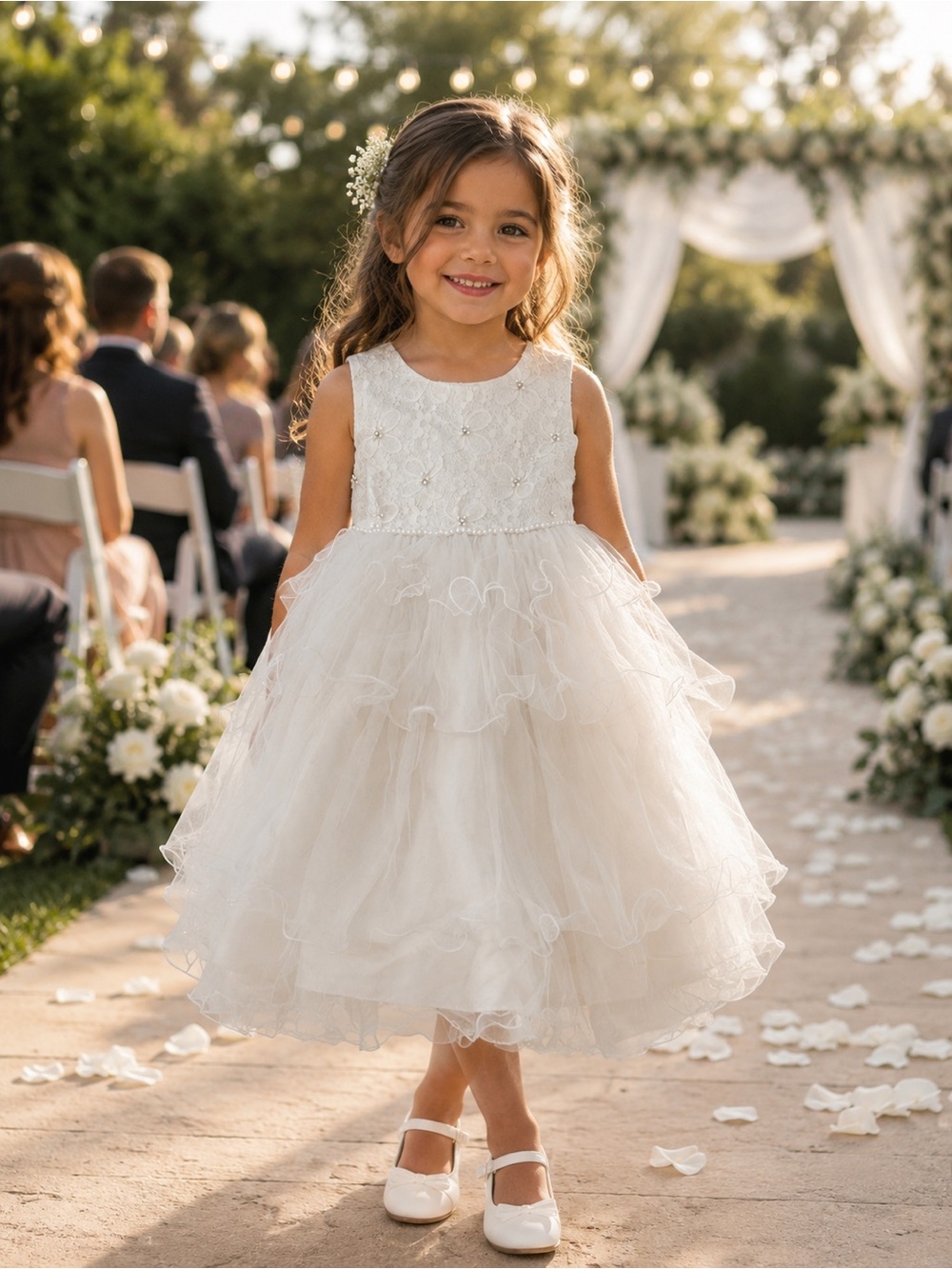 Pink Butterfly White Layered Tulle Girls Dress Communion Wedding Baptism size 8